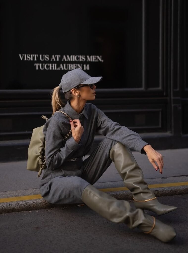 Grey Co-ord Set + Olive Green Knee-High Boots + Grey Cap