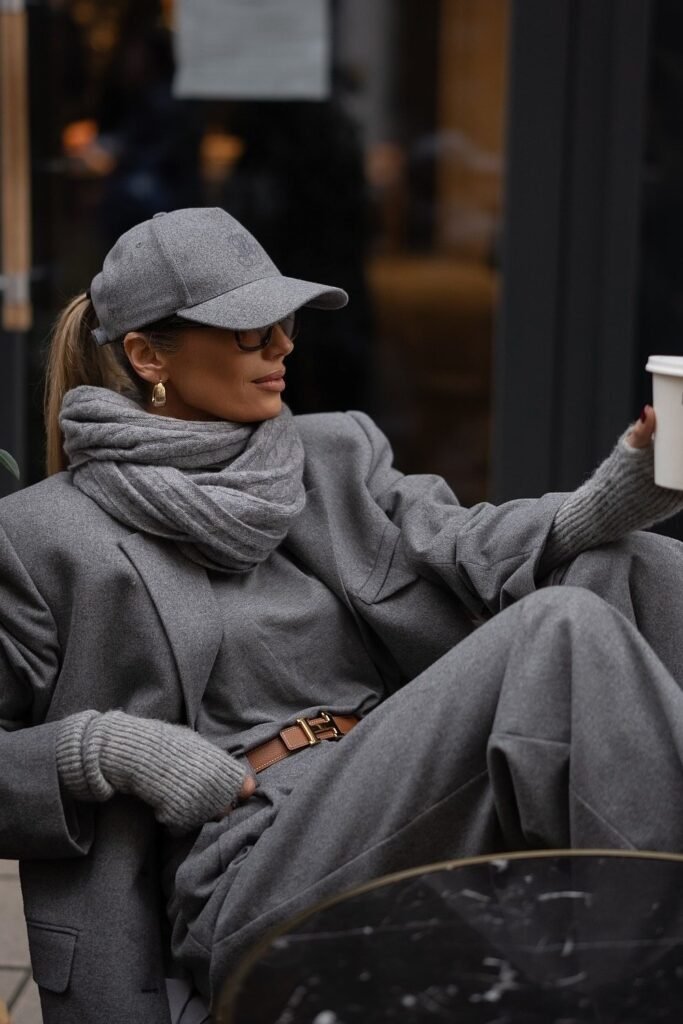 Grey Oversized Suit + Grey Scarf + Baseball Cap