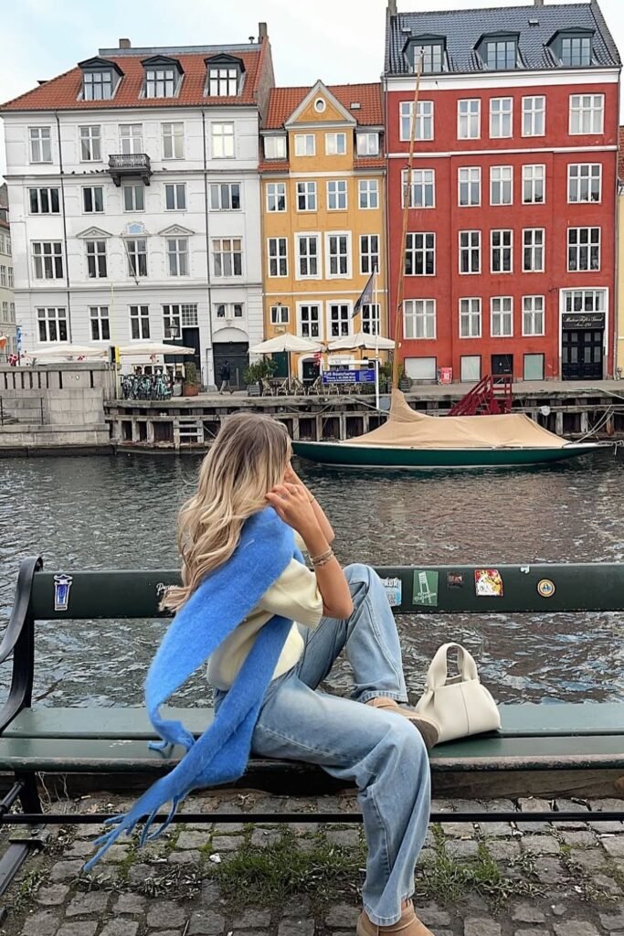 Cream Sweater + Blue Jeans + Sky Blue Scarf
