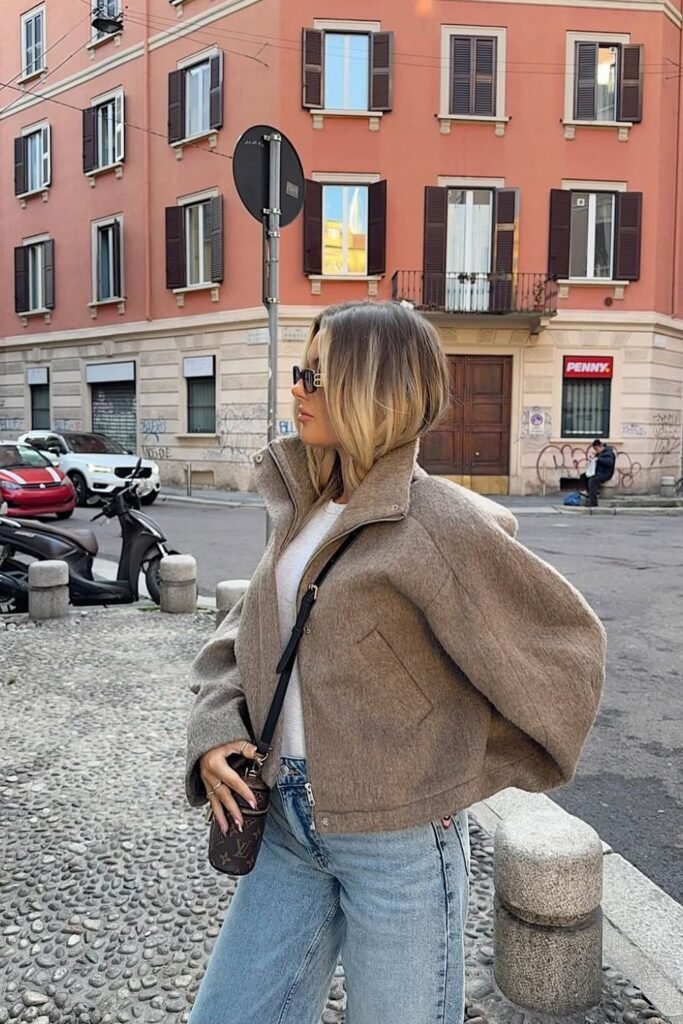 Cropped Camel Jacket + White Tee + Blue Jeans