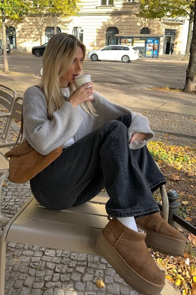 Grey Cropped Cardigan + Black Wide-Leg Jeans + Chestnut Platform Boots