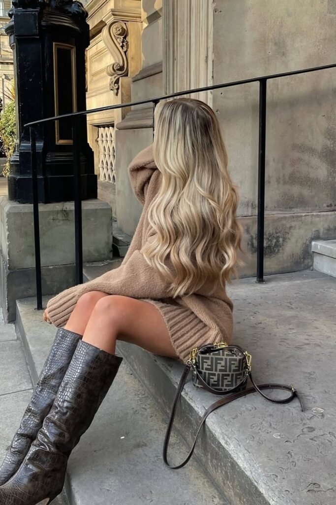 Camel Knit Dress + Croc-Effect Knee-High Boots + Fendi Bag