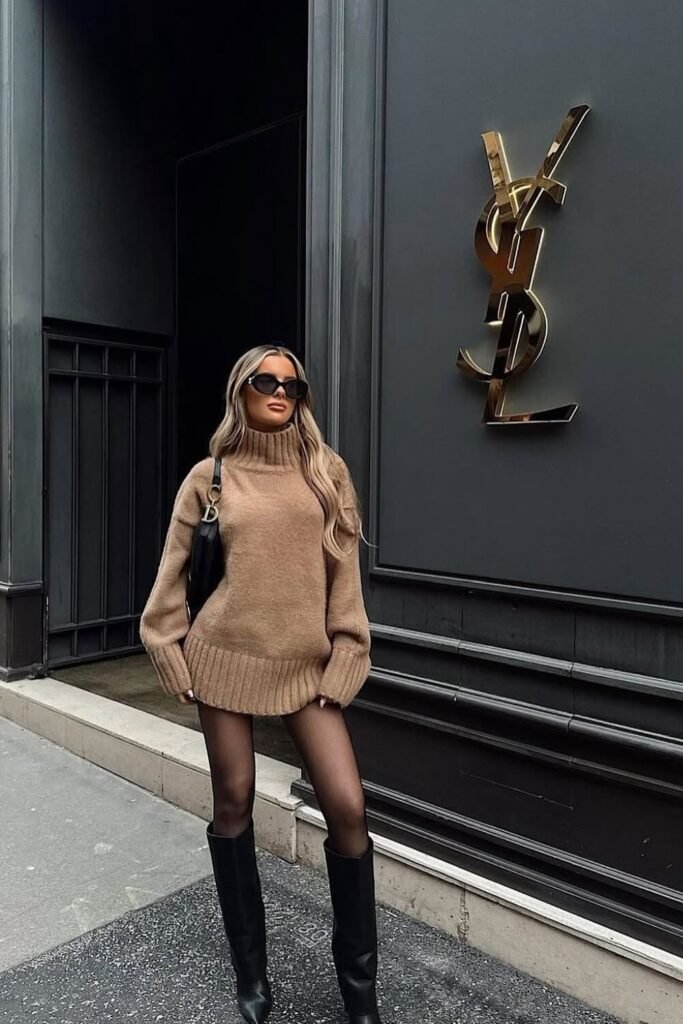Oversized Camel Turtleneck Sweater + Black Tights + Knee-High Boots
