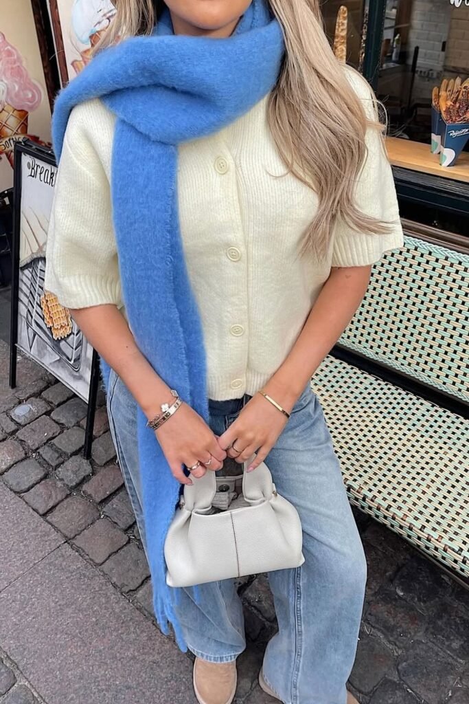Short-Sleeve Cream Knit + Blue Oversized Scarf + Light-Wash Jeans