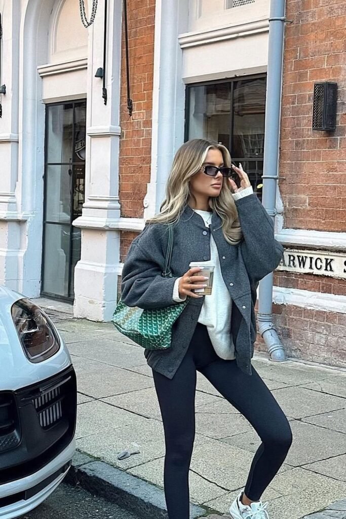 Oversized Grey Jacket + White Knit Sweater + Black Leggings