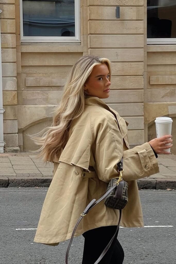 Classic Beige Trench Coat + Black Base Layers + Designer Mini Bag