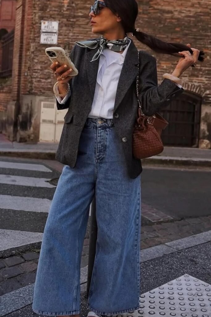 Grey Wool Blazer + White Shirt + Wide-Leg Blue Jeans