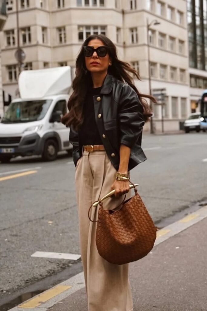 Black Button-Up Leather Jacket + Black Tee + Wide-Leg Beige Trousers