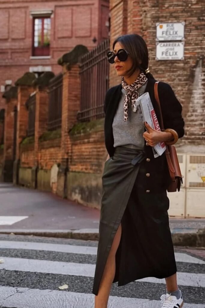 Black Cardigan + Grey Top + Wrap Midi Skirt with Slit