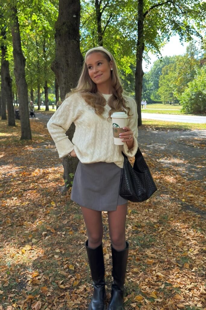 Cream Cable Knit Sweater + Grey Mini Skirt + Knee-High Black Boots