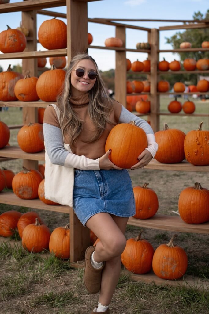 Colorblock Turtleneck Sweater + Denim Mini Skirt + UGG Boots