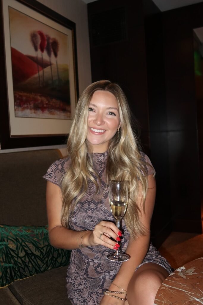 Snake Print Fitted Dress + Delicate Jewelry + Glass of Champagne