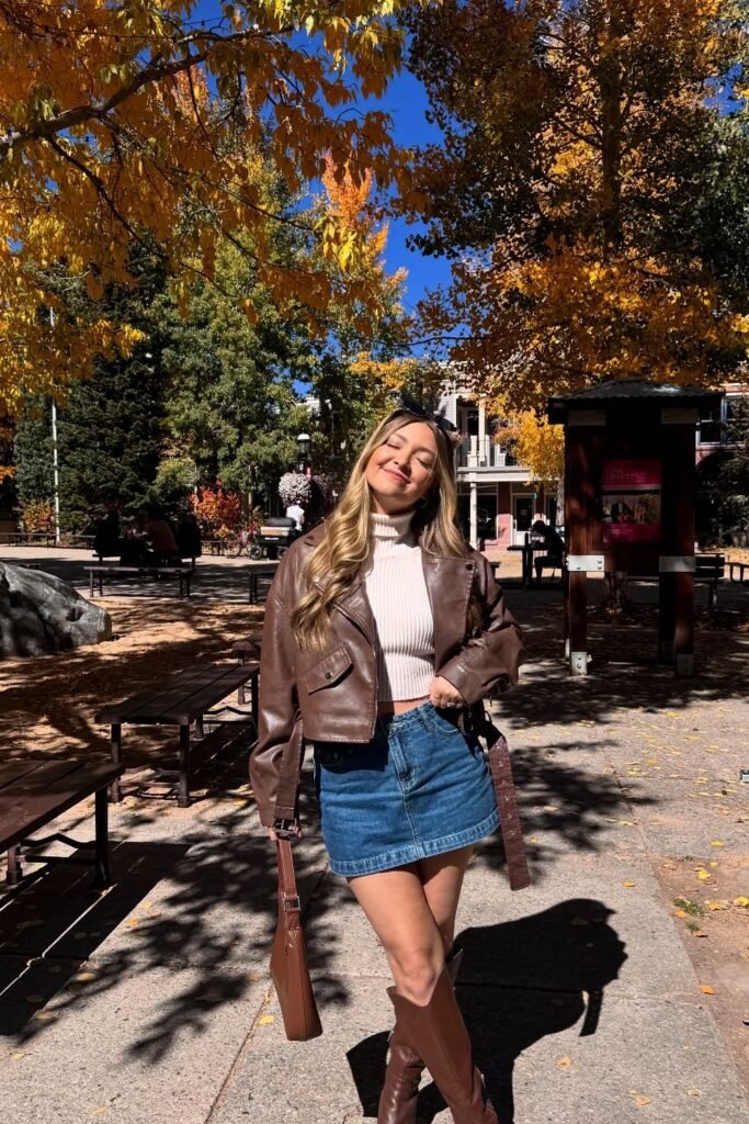 Cropped Brown Leather Jacket + White Ribbed Knit + Denim Mini Skirt