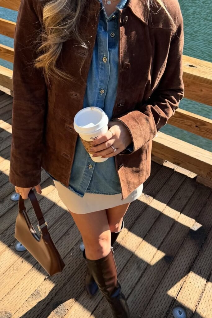 Brown Corduroy Jacket + Denim Button-Down + White Mini Skirt