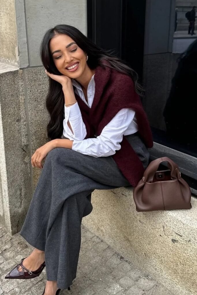 White Button-Down Shirt + Grey Trousers + Burgundy Knit Sweater