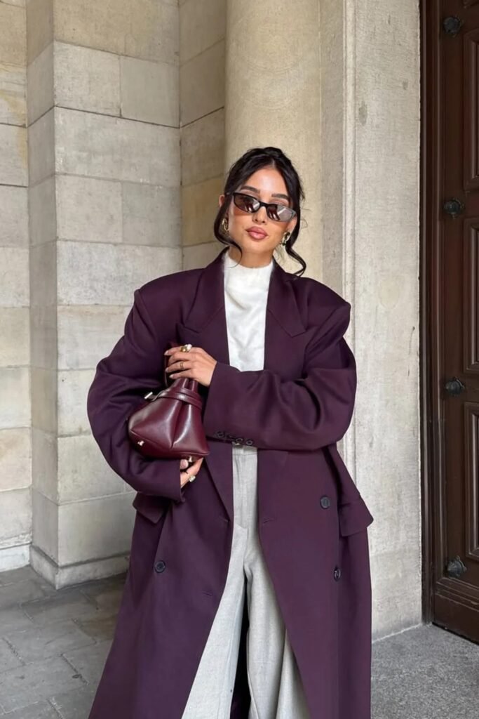 Oversized Dark Purple Blazer + Grey Wide-Leg Trousers + Structured Accessories