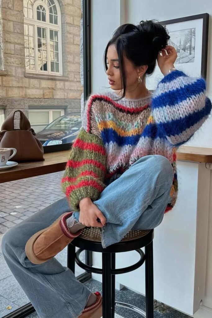 Colorful Oversized Knit Sweater + Light Blue Denim + Slippers