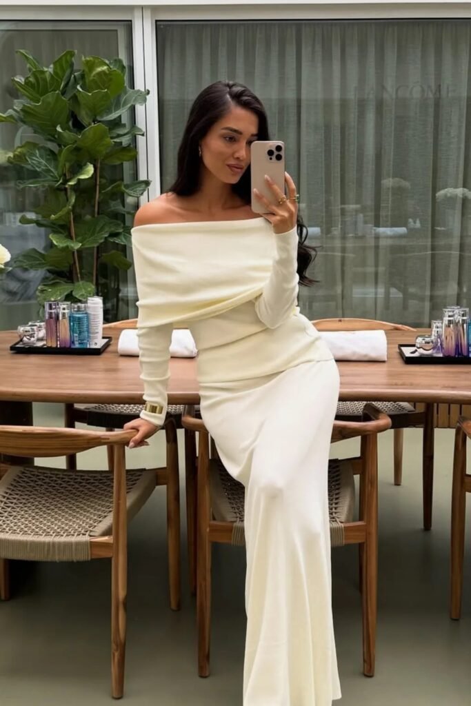 Elegant White Off-Shoulder Maxi Dress + Minimal Gold Jewelry