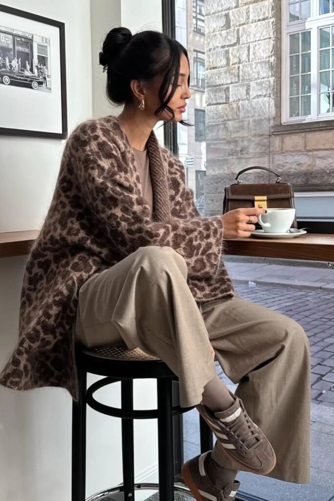 Leopard Print Cardigan + Neutral Trousers + Brown Sneakers