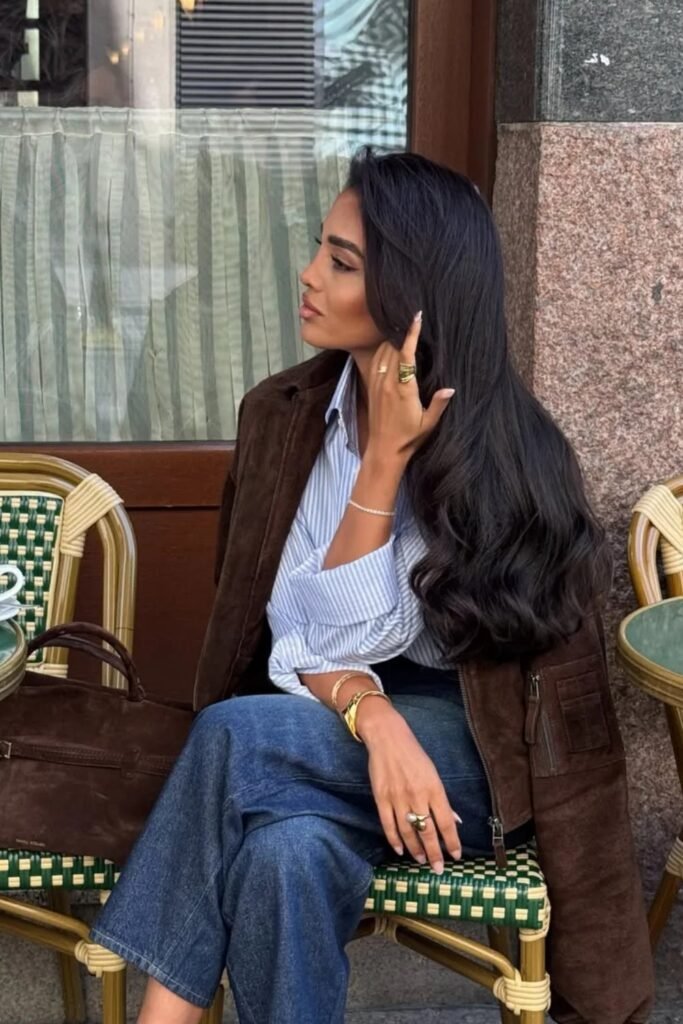 Striped Button-Down Shirt + Brown Suede Jacket + Blue Jeans