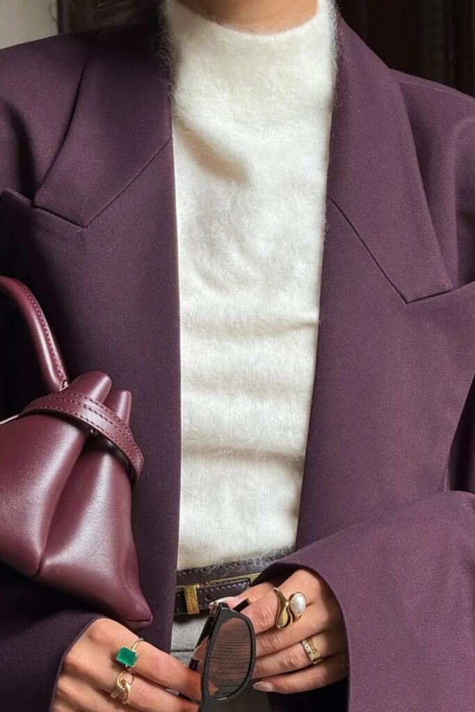 Burgundy Oversized Blazer Close-Up + White Knit Base + Gold Jewelry