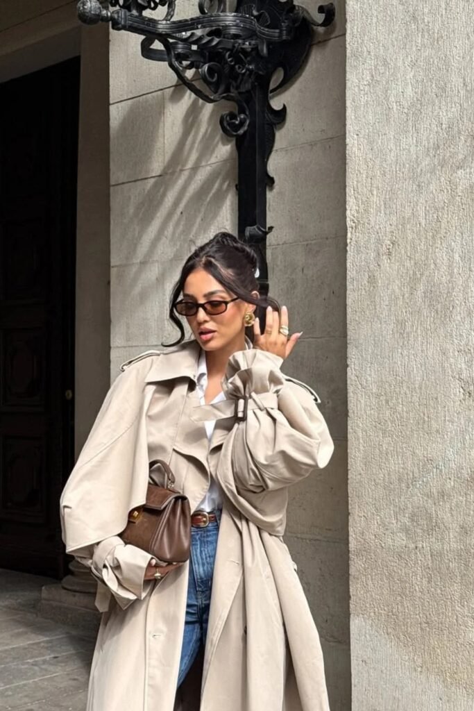 Classic Beige Trench Coat + Blue Jeans + White Button-Down