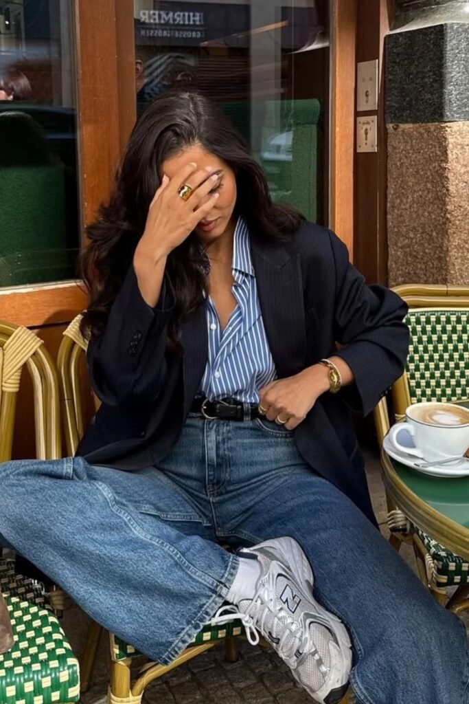 Navy Oversized Blazer + Striped Blue Shirt + Relaxed Jeans + Sneakers
