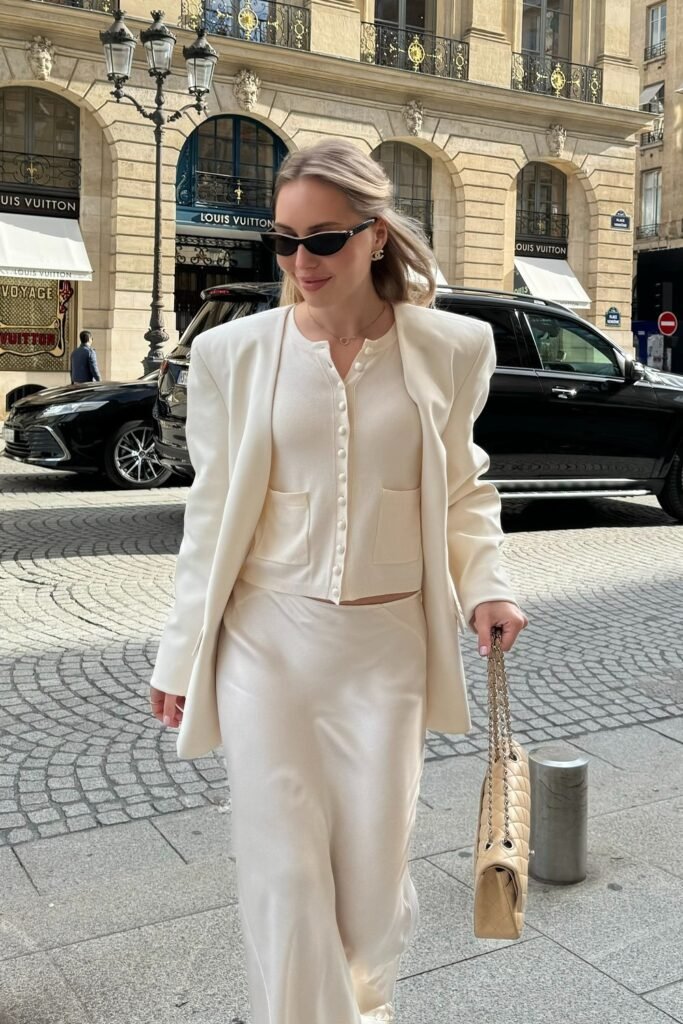 Cream Satin Skirt + Matching Buttoned Top + Oversized Blazer