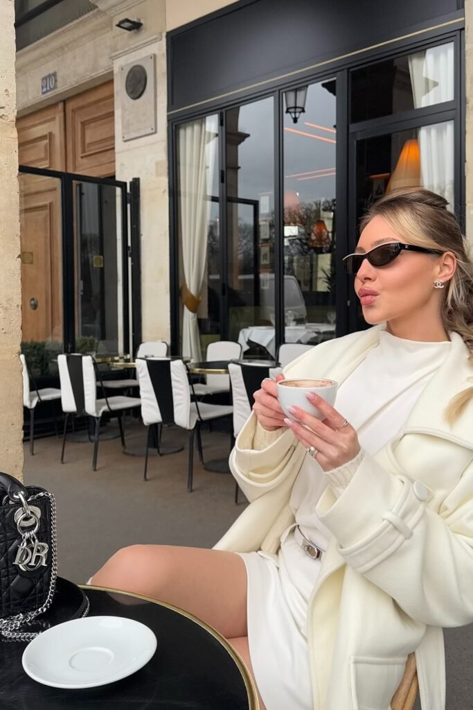 White Mini Dress + Ivory Coat + Waist Belt