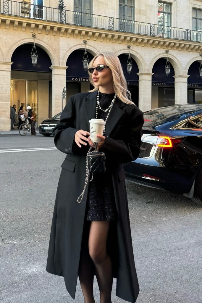 Black Tweed Mini Dress + Oversized Black Coat + Sheer Tights