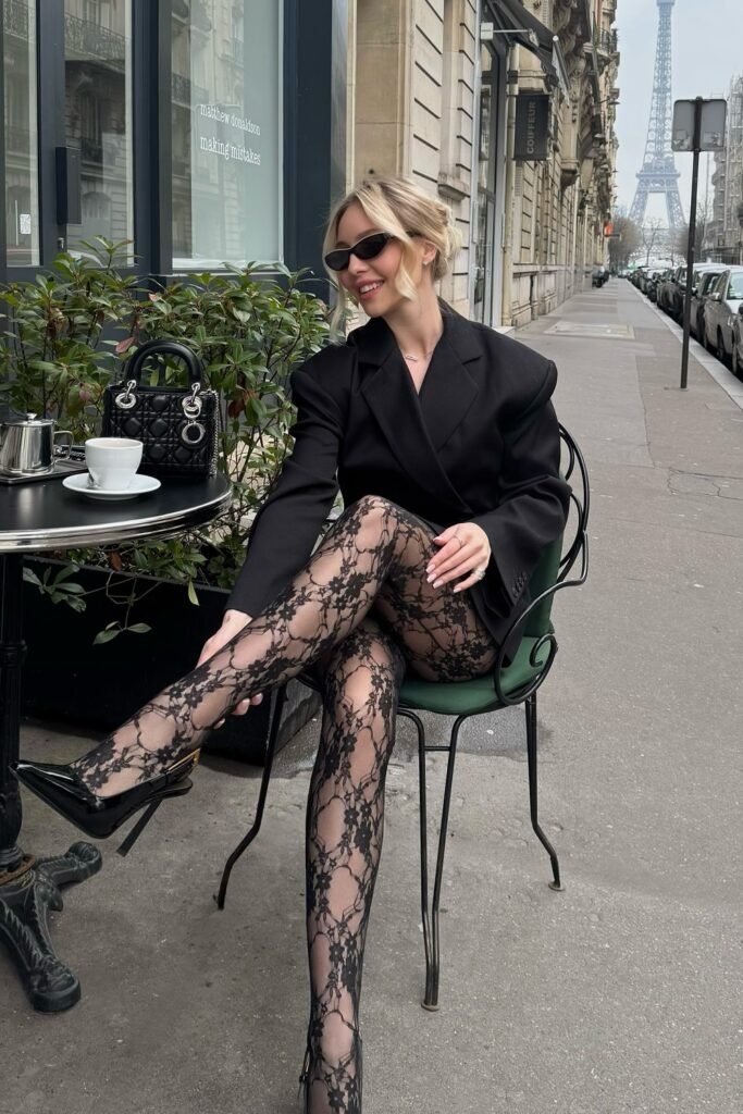 Black Blazer Dress + Lace Patterned Tights + Pointed Heels