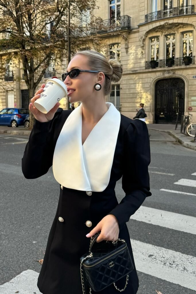 Black and White Double-Breasted Dress + Statement Buttons + Structured Handbag