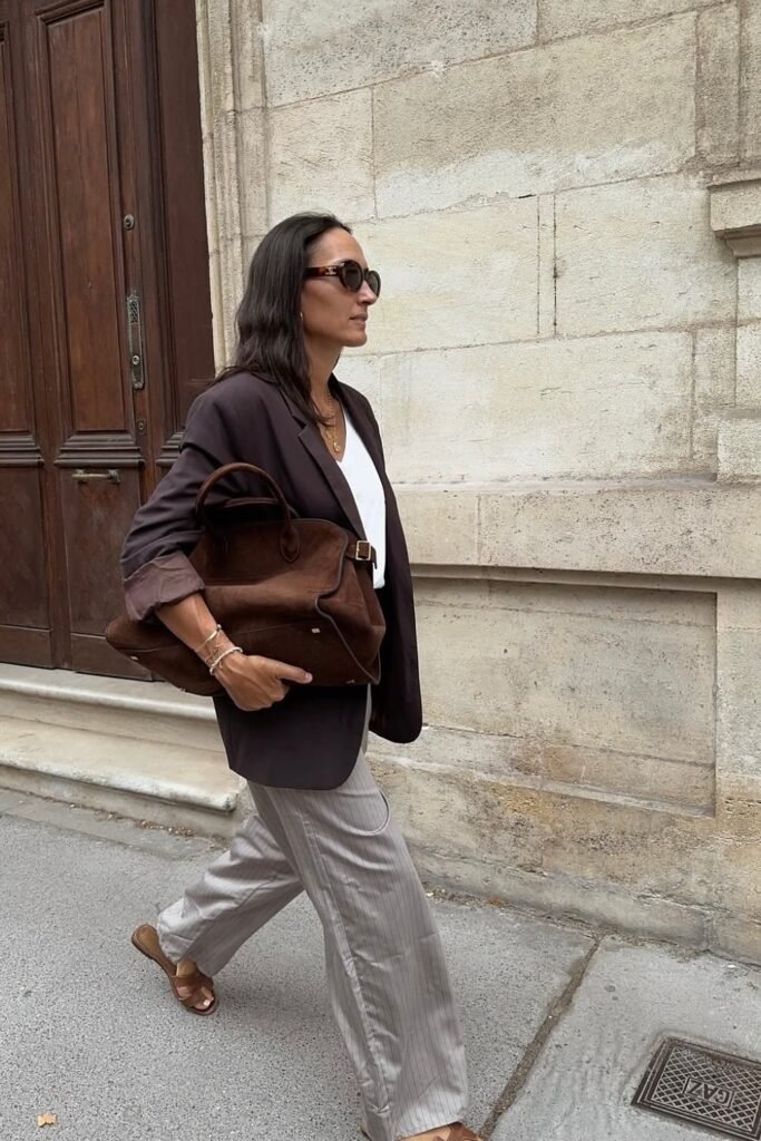 Oversized Brown Blazer + White Tee + Grey Pinstripe Pants