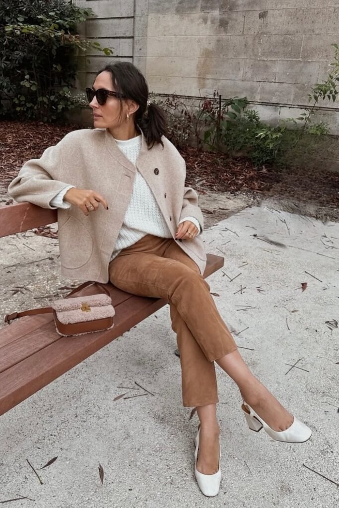Cream Knit Sweater + Camel Suede Pants + Boxy Wool Coat