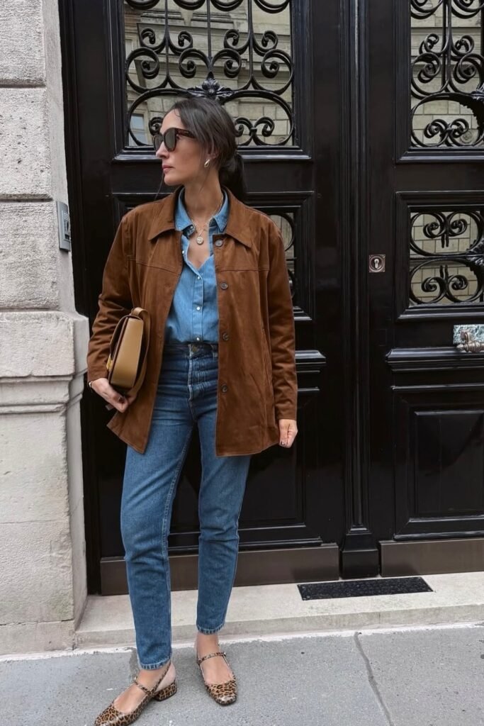 Denim Shirt + Brown Suede Jacket + Blue Straight-Leg Jeans