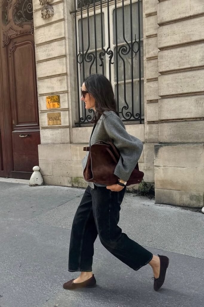 Grey Wool Jacket + Black Wide-Leg Jeans + Brown Ballet Flats