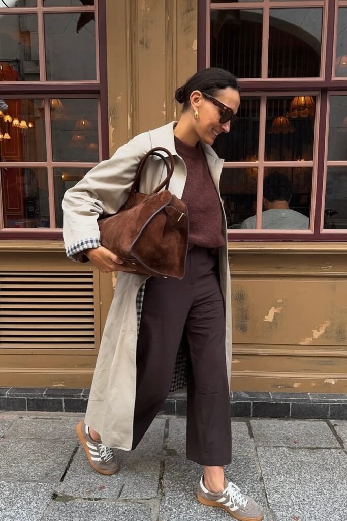 Burgundy Sweater + Brown Wide-Leg Trousers + Beige Trench Coat