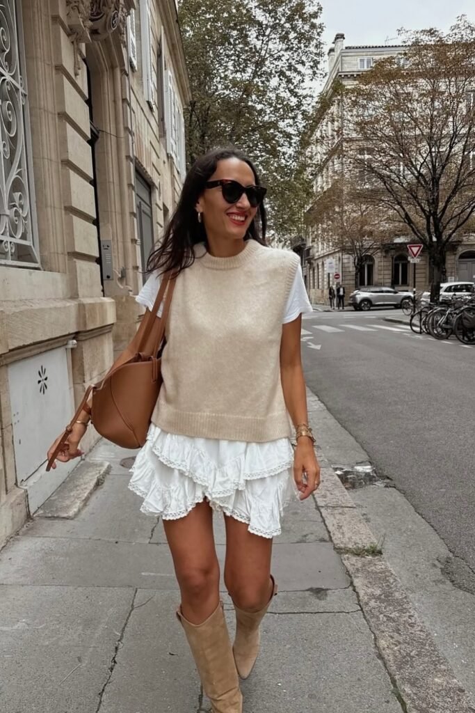 White Ruffle Dress + Beige Sweater Vest + Suede Knee-High Boots