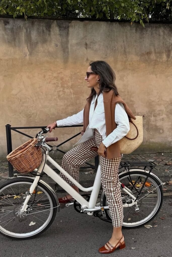 White Button-Up Shirt + Brown Gingham Pants + Knit Over-Shoulder Vest