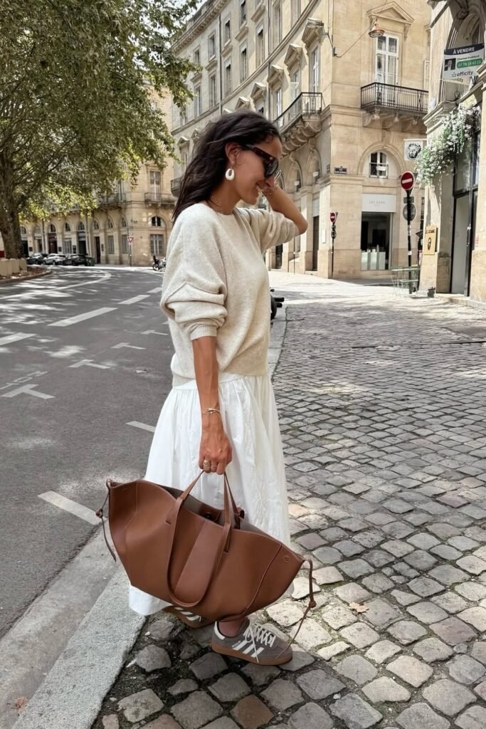 Cream Sweater + White Midi Skirt + Grey Sneakers
