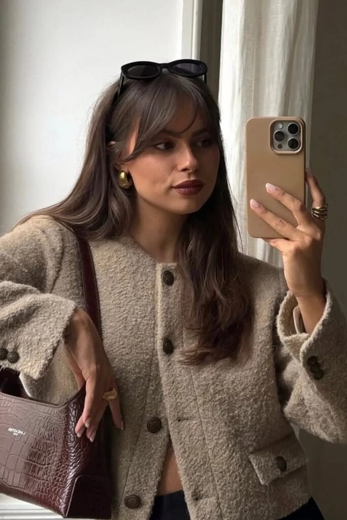 Cropped Wool Jacket + Dark Trousers + Brown Shoulder Bag