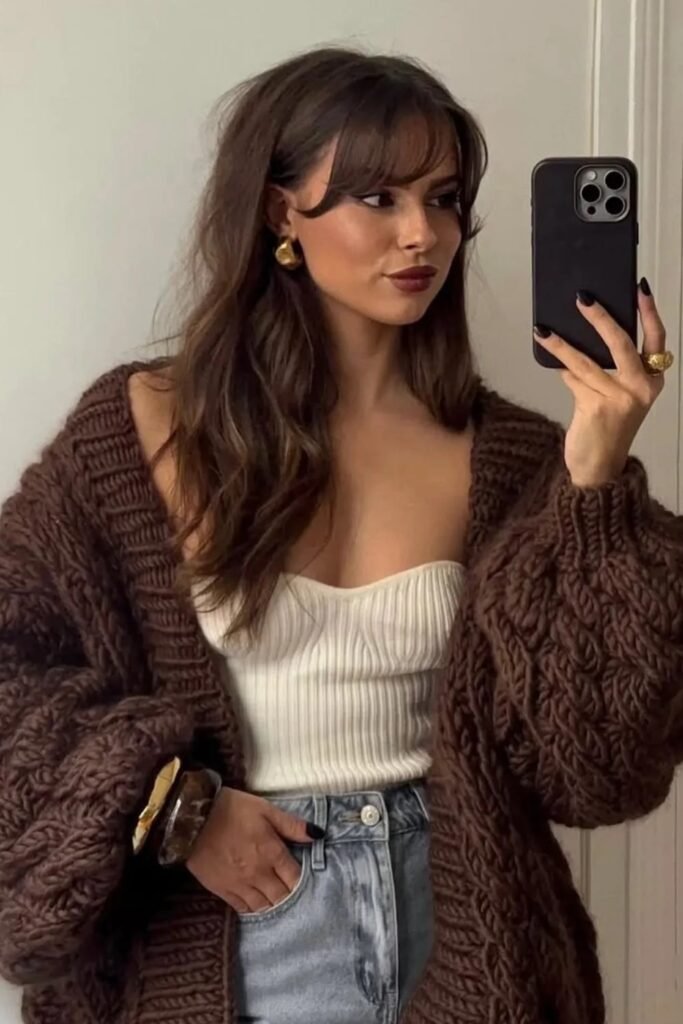 Chunky Brown Knit Cardigan + White Ribbed Top + Blue Jeans