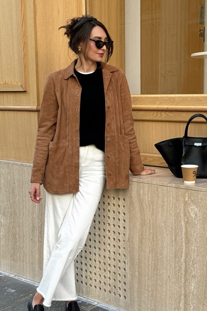 Brown Suede Jacket + Black Sweater + White Straight-Leg Pants