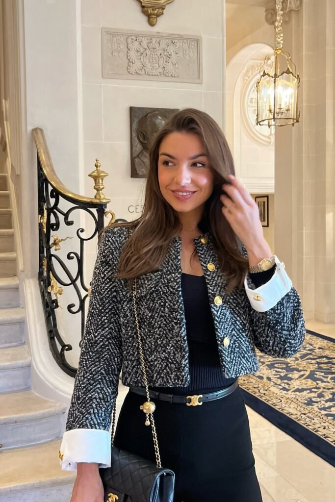 Black Tweed Cropped Jacket + Black Knit Top + Black High-Waisted Skirt