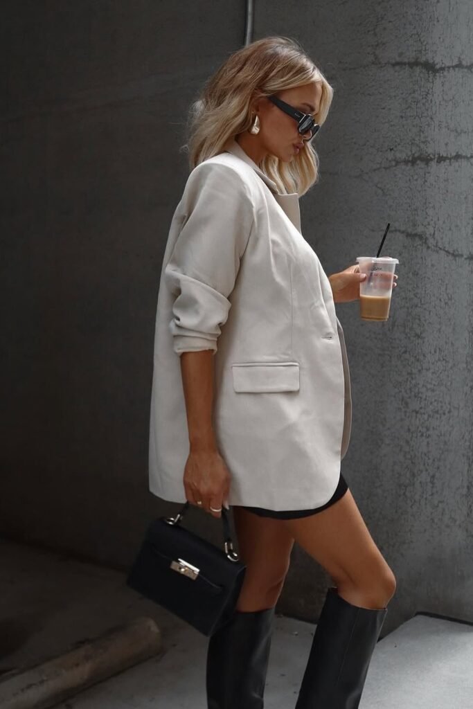 Cream Oversized Blazer + Black Mini Dress + Black Knee-High Boots