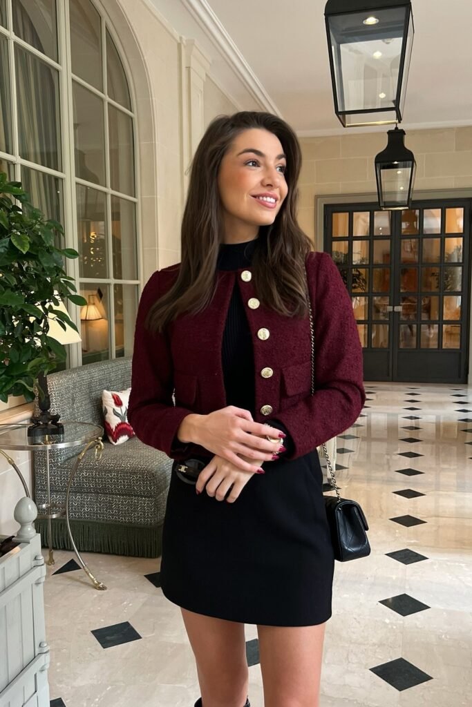 Burgundy Cropped Jacket + Black Knit Mini Dress + Black Shoulder Bag