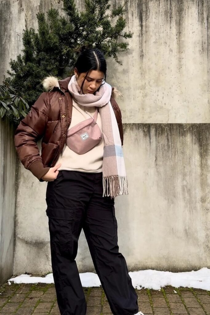 Brown Puffer Jacket + Beige Sweatshirt + Black Cargo Pants