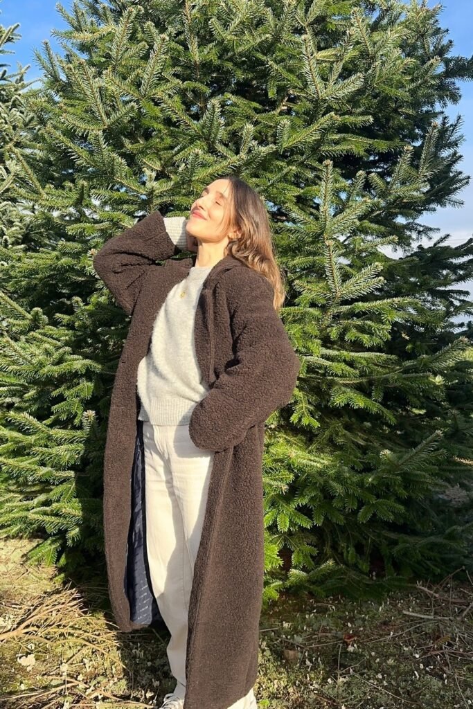 Dark Brown Teddy Coat + Light Grey Sweater + Cream Wide-Leg Pants