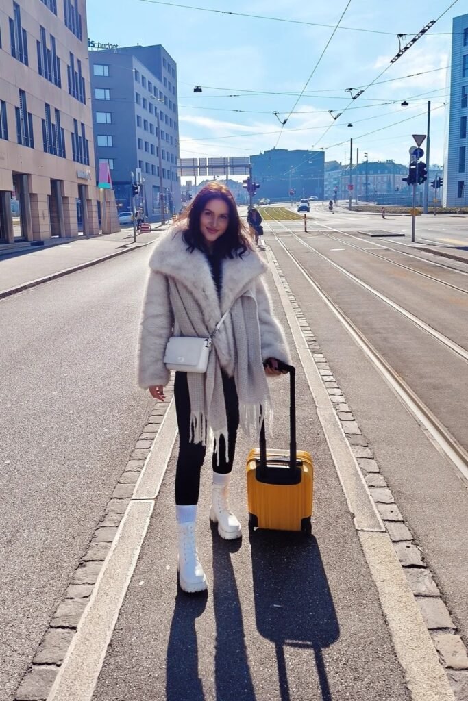 Faux Fur Coat + Black Skinny Pants + White Combat Boots