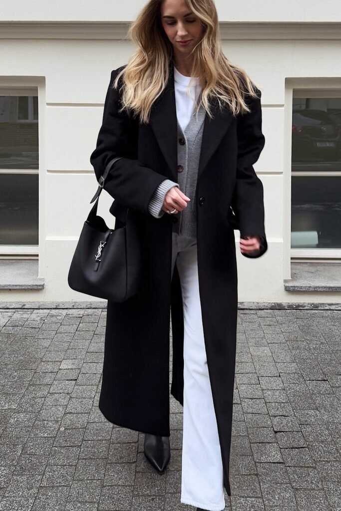 Black Long Coat + Grey Cardigan + White Wide-Leg Pants
